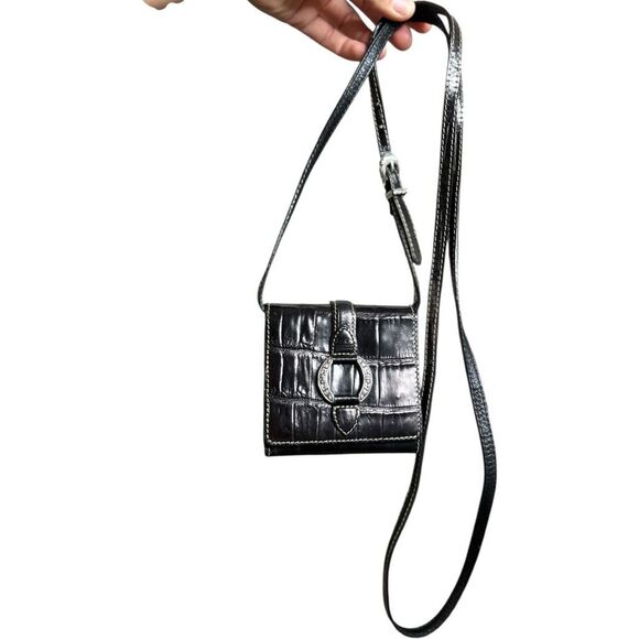 Vintage Brighton Croc Leather Wallet Crossbody Bag  Black Silver Snap Timeless - Picture 3 of 6